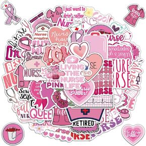 50 PCS Pink Nurse Stickers, Nursing Stickers, Nurse Accessories, Vinyl Waterproof Nurse Stickers for Water Bottle Laptop Phone Scrapbook Luggage Skateboard, Gifts for Woman Girl Female Nurse