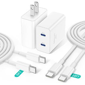 2Port 45W Fast Charger USB C for iPhone 16 15 Pro Max Plus,Type C i-Phone Charger Fast Charging Block with 6FT/10FT Type C Cord for iPhone 16 15,iPadPro,Samsung Galaxy S25+ Plus/S24+