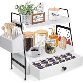 Coffee Bar Accessories and Organizer Countertop, Coffee Station Organizer 2 Tier Counter Shelf with Drawer, Condiment Storage Cup Lid Holder Countertop Shelf for Bathroom,Kitchen