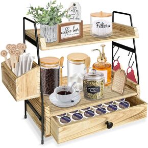 Coffee Bar Accessories and Organizer Countertop, Coffee Station Organizer 2 Tier Counter Shelf with Drawer, Condiment Storage Cup Lid Holder Countertop Shelf for Bathroom,Kitchen in Kuwait
