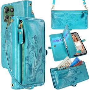 Lacass for Motorola Moto G Power 2025/ G Play 2025 Case Wallet, [Cards Theft Scan Protection] Card Holder Zipper Leather Flip Cover Crossbody Wrist Strap with Stand(Floral Cyan Green)