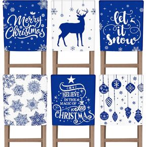 6 Pcs Christmas Chair Covers 18 x 18 Inch Burlap Christmas Chair Back Covers Blue Merry Christmas Seat Covers Elk Snowflake Dining Chair Slipcovers for Xmas Kitchen Wedding Party Decor