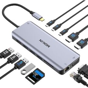 USB C Hub, 14 in 1 USB C Hub Multiport Adapter with 2 HDMI 4K, VGA, RJ45 Ethernet, 10 Gbps USB C/A, 100W PD, SD/TF, 3.5MM Audio&Mic for Dell HP Lenovo Surface