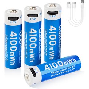 4100MWH WHD قابلة لإعادة الشحن بطاريات AA 4 حزمة ، 1.5 فولت USB ضعف بطاريات ليثيوم أيون حجم AA ، 1200 دورة طويلة ، بطارية عالية السعة للألعاب ، المصباح ، قفل الباب الذكي