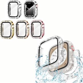 Goton 4 Pack Double-Row Rhinestones Protector & Full Diamond Waterproof Case for Apple Watch Series 9/8/7 41mm, Women Shockproof Glitter Diamond Face Screen Accessories (for 41mm Only)