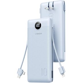 VEGER Portable Charger for iPhone Built in Cables and Wall Plug, 10000mah Slim Fast Charging USB C Power Bank, Travel Essential Battery Pack Compatible with iPhone, iPad, Samsung More Devices(Black)