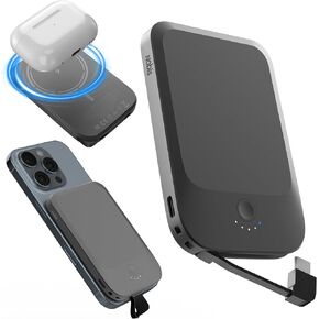 NOBIS Slim Magnetic Power Bank 5000mAh with Built-in Cable Wireless Portable Charger QC 3.0 22.5W PD Fast Charging USB C in/Out, for MagSafe Battery Pack for Phone 16 Android