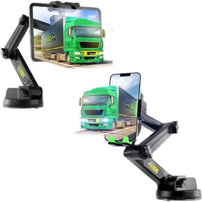 Commercial Truck Tablet Mount & Green Commercial Truck Phone Mount, Heavy Duty Tablet & iPad Holder, Cell Phone Device Holder for Dashboard, Windshield & Window, Super Stable Suction Cup (1 TM & 1 PM)