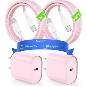 Fast Charger for iPhone 16 15 Charger Fast Charging,2Pack 6ft USBC to USBC Cable with 20W Type C Block for iPhone 16 Pro Max/16 Pro/15 Pro Max/15 Pro/16 Plus/15 Plus/iPad Pro/Air/Mini-Pink