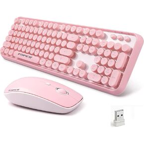 Wireless Keyboard and Mouse Combo - Cute Round Keycaps Full-Size Retro Typewriter Keyboard with 2.4GHz, Plug & Play for Windows/Laptop/PC/Notebook/Smart TV and More (Pink)