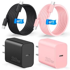 Compatible with iPhone 16 Charger Fast Charging,2 Pack 20W USB C Wall Charger Block with 6ft USB C Cable Compatible with iPhone 16 Pro Max/16 Pro/15 Pro Max/15 Pro/16 Plus/15 Plus/Pad,Black/Pink