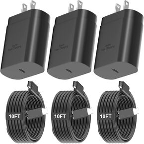 Type C Charger Fast Charging-25W USB C Block with USBC Charger Cable 10 ft Compatible with Samsung Galaxy S25/S25 Ultra/S25+/S24/S24+/S24 Ultra/S23/S23 Ultra/S23+/S22/S21/S20/Note 20/10-3 Pack