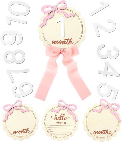 2 PCS Baby Baby Monthly Milestone Cards with Pink Bow Wooden Monthly Discs Discs Coquette Discs لتوثيق هدية النمو حديثي الولادة لفتاة وبوي (جولة) in Kuwait