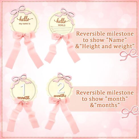 2 PCS Baby Baby Monthly Milestone Cards with Pink Bow Wooden Monthly Discs Discs Coquette Discs لتوثيق هدية النمو حديثي الولادة لفتاة وبوي (جولة) in Kuwait