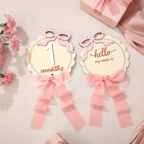 2 PCS Baby Baby Monthly Milestone Cards with Pink Bow Wooden Monthly Discs Discs Coquette Discs لتوثيق هدية النمو حديثي الولادة لفتاة وبوي (جولة) in Kuwait