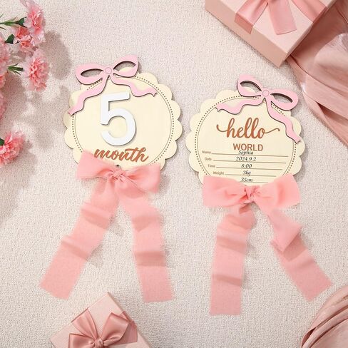 2 PCS Baby Baby Monthly Milestone Cards with Pink Bow Wooden Monthly Discs Discs Coquette Discs لتوثيق هدية النمو حديثي الولادة لفتاة وبوي (جولة) in Kuwait
