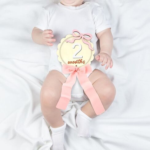 2 PCS Baby Baby Monthly Milestone Cards with Pink Bow Wooden Monthly Discs Discs Coquette Discs لتوثيق هدية النمو حديثي الولادة لفتاة وبوي (جولة) in Kuwait