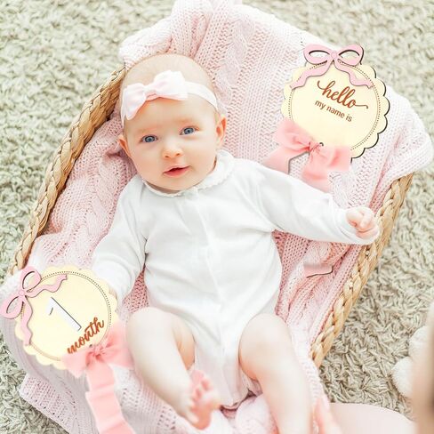 2 PCS Baby Baby Monthly Milestone Cards with Pink Bow Wooden Monthly Discs Discs Coquette Discs لتوثيق هدية النمو حديثي الولادة لفتاة وبوي (جولة) in Kuwait