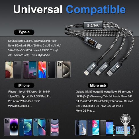 100W USB C Multi Charging Cable with LED Display [2M] 3 in 1 Charging Cable with E-Mark Chip, USB C [100W]+Lightning[27W]+Micro[10W] for iPad Pro, iPad Mini, MacBook Pro/Air/iPhone14 13 12 11 in Saudi Arabia