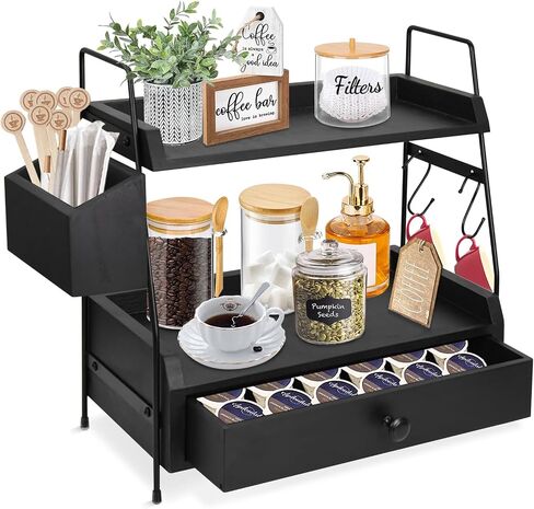 Coffee Bar Accessories and Organizer Countertop, Coffee Station Organizer 2 Tier Counter Shelf with Drawer, Condiment Storage Cup Lid Holder Countertop Shelf for Bathroom,Kitchen in Saudi Arabia