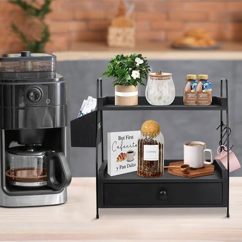 Coffee Bar Accessories and Organizer Countertop, Coffee Station Organizer 2 Tier Counter Shelf with Drawer, Condiment Storage Cup Lid Holder Countertop Shelf for Bathroom,Kitchen in Saudi Arabia