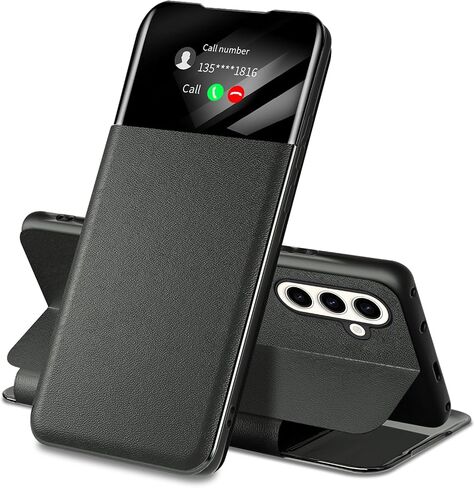 Migexxkj for Samsung Galaxy S25 Case Clear View S25 Case with Card Slot Kickstand Leather Flip Hard PC Shockproof Protective Phone Case Cover for Samsung Galaxy S25 5G (Black) in Saudi Arabia