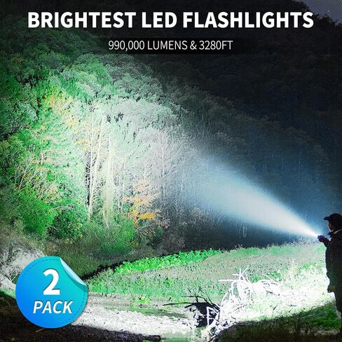Flashlights High Lumens 2Packs, 990,000 Lumens Rechargeable Super Bright Flashlight with 5 Modes, 12H Running Time, Powerful LED Flashlights for Home and Camping, IPX6 Waterproof Flash Light in Saudi Arabia