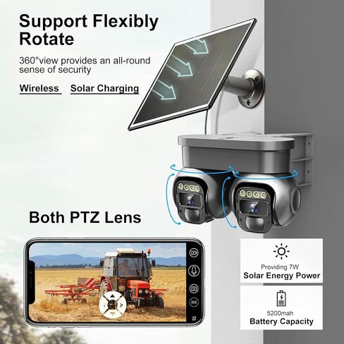 Non WiFi Security Solar Outdoor Camera Wireless,4G LTE Cellular Solar Powered Outside Cameras for Home Surveillance,Dual Lens 360 Video, PTZ Motion Detection Sensor, Built in SIM Card in Saudi Arabia