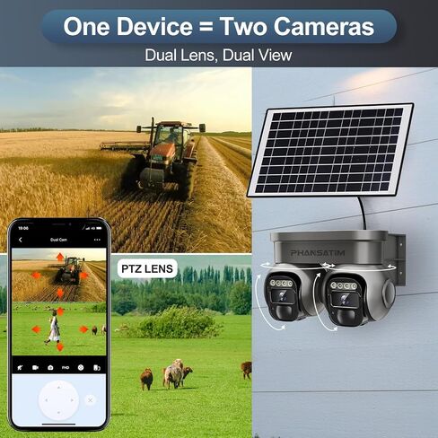 Non WiFi Security Solar Outdoor Camera Wireless,4G LTE Cellular Solar Powered Outside Cameras for Home Surveillance,Dual Lens 360 Video, PTZ Motion Detection Sensor, Built in SIM Card in Saudi Arabia
