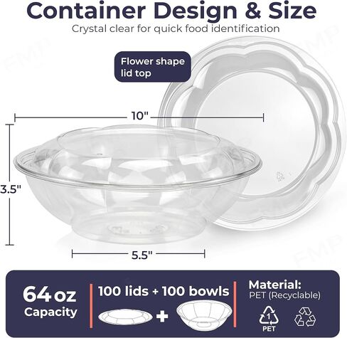 Fit Meal Prep 50 Pack 32 oz Disposable Plastic Clear Salad Bowls with Airtight Lids, Crystal Salad Bowls To Go for Lunch, BPA Free Food Takeout Containers, Acai Bowls for Uber Eats, Party, Severing in Saudi Arabia