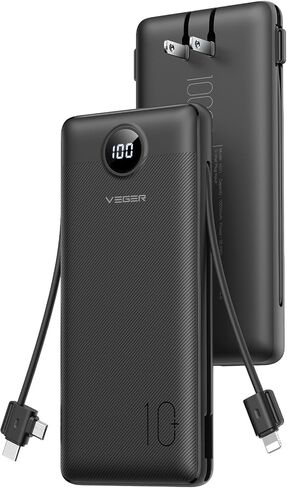 الشاحن المحمول VEGRAME POTERALE لـ iPhone مدمج في الكابلات وقابس الجدران ، 10000 مللي أمبير في الساعة شحن سريع شحن USB C ، حزمة بطارية أساسية متوافقة مع iPhone و iPad و Samsung More Devices (Black) in Kuwait
