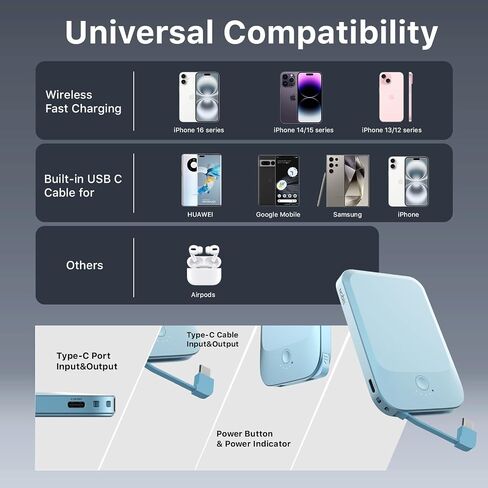 NOBIS Slim Magnetic Power Bank 5000mAh with Built-in Cable Wireless Portable Charger QC 3.0 22.5W PD Fast Charging USB C in/Out, for MagSafe Battery Pack for Phone 16 Android in Saudi Arabia