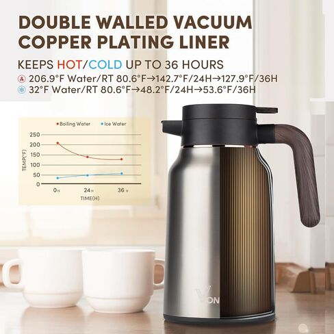 Vondior Coffee Carafe 65oz - 36 Hours Thermal Coffee Thermos- Insulated 304 Stainless Steel Hot Beverage Dispenser - Coffee Carafes For Keeping Hot/Cold Coffee, Tea, Water, Drink Dispenser for Parties in Saudi Arabia