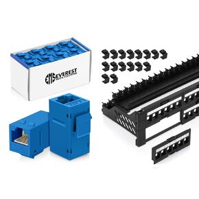 Everest Media Solutions Bundle – 2 Items: 48-Port Keystone Patch Panel + 48 Pack of RJ45 CAT6 Keystone Couplers - Blue