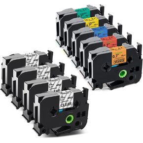 18mm Label Tape Compatible with Brother P Touch TZ Tape 18mm 0.7 Laminated Black on Clear/Orange/Red/Blue/Yellow/Green Tape Tz Tape 3/4 Inch Tape, Total 9-Pack