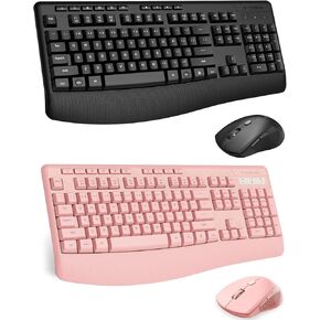 Wireless Keyboard and Mouse Combo, E-YOOSO 2.4GHz Full Sized Ergonomic Wireless Keyboard with Wrist Rest, 3 DPI Adjustable and 6 Buttons Cordless USB Mouse for Computer, Laptop, PC (Black & Pink)