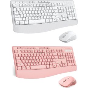 Wireless Keyboard and Mouse Combo, E-YOOSO 2.4GHz Full Sized Ergonomic Wireless Keyboard with Wrist Rest, 3 DPI Adjustable and 6 Buttons Cordless USB Mouse for Computer, Laptop, PC (Pink & White)