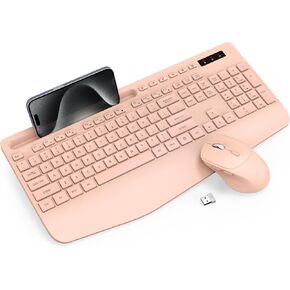 Wireless Keyboard and Mouse Combo - Full-Sized Ergonomic Keyboard with Wrist Rest, Phone Holder, Sleep Mode, Silent 2.4GHz Cordless Keyboards Mice Set for Computer, Laptop, PC, Mac, Windows (Pink)