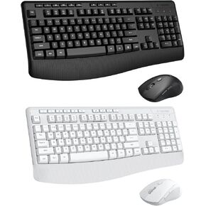 Wireless Keyboard and Mouse Combo, E-YOOSO 2.4GHz Full Sized Ergonomic Wireless Keyboard with Wrist Rest, 3 DPI Adjustable and 6 Buttons Cordless USB Mouse for Computer, Laptop, PC (Black & White)