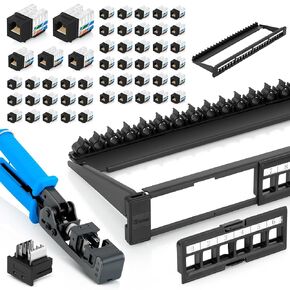 Everest Media Solutions - 24 Port Keystone Patch Panel (2-Pack) + 90 Angled Speed Termination Tool (easyJACK) + Replacement Head + 50 Pack Black 90 Angled RJ45 Cat6 Keystone Jacks