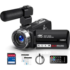 Camcorder Video Camera 4K HD 80MP Vlogging Camera for YouTube, 30FPS IR Night Vision Camera, 18X Digital Zoom 3.0 270°IPS Screen Video Camera with SD Card, 2 Batteries, Remote Control and Mic