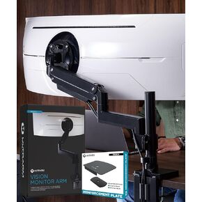 Heavy Duty Monitor Arm with Reinforcement Plate for Ultrawide Monitors up to 57" and 44 lbs, Single Desk Stand, Pneumatic Height Adjustable, Modular Extension Arms - Max VESA 100x100, Black