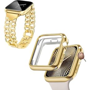 JR.DM 44mm Soft Flexible TPU Case and Metal Bands Compatible for Apple Watch Series 6/5/4/SE, Gold