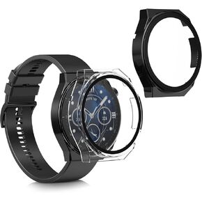 kwmobile Cover Comaptible with Huawei Watch GT3 Pro (46mm) Covers - 2X Tempered Glass with Plastic Frame - Black/Transparent