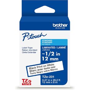 Brother Genuine P-Touch TZe Black Print on White Label Tape (TZeS231), Strong Adhesive Laminated,1/2in x 26.2ft (12mm x 8m), for Select P-Touch Label Makers, Water-Resistant, Extra Strength
