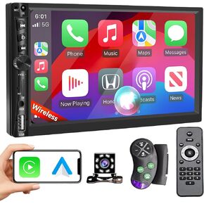 Upgrade Wireless Carplay 7 inch Double Din Car Stereo with Wireless Carplay&Android Auto, Bluetooth car Stereo, IPS Touchscreen, TF Card Slot, USB, AUX, 8-LED HD Waterproof Backup Camera