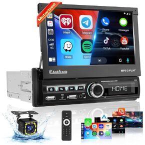 Roinvou [Motorized] Single Din Touchscreen Car Stereo with Wireless Carplay & Android Auto, 7inch Flip up Screen Car Stereo with Bluetooth Car Audio Receivers, Support Online Viedeo/Dual USB/AUX