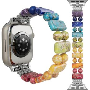Boho Natural Stone Bracelet Compatible with Apple Watch Band 38mm 40mm 41mm Handmade Beaded Rainbow Imperial Jasper Stones Iwatch Straps Replacement (Rainbow38/gold/M)