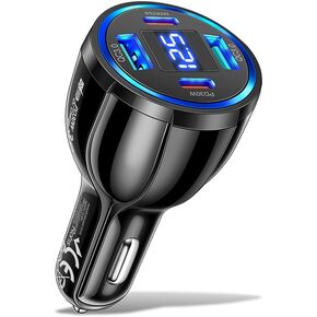 USB C Car Phone Charger Adapter with Voltmeter Compatible with iPhone 16 15 14 13 12 11, Android, Samsung, 100W 4 in 1 Multi-Port Fast Charging Cigarette Lighter USB Charger (Black)
