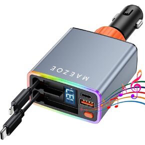 شاحن سيارة قابل للسحب مع 𝑺𝒐𝒖𝒏𝒅-𝑨𝒄𝒕𝒊𝒗𝒂𝒕𝒆𝒅 𝑳𝒊𝒈𝒉𝒕 ، 120W USB C محول شاحن السيارات الشحن السريع ، 4-in-1 شاحن هاتف سيارة قابل للسحب لـ iPhone 16/15/14/13/12 ، Samsung